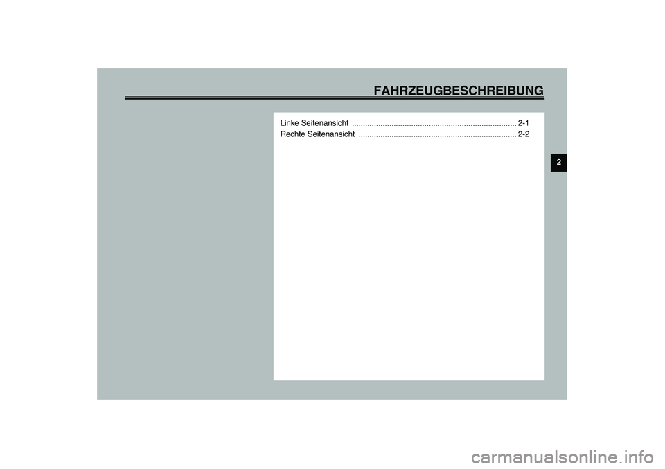 YAMAHA AEROX50 2003  Betriebsanleitungen (in German) FAHRZEUGBESCHREIBUNG
2
Linke Seitenansicht  ........................................................................... 2-1
Rechte Seitenansicht  ......................................................