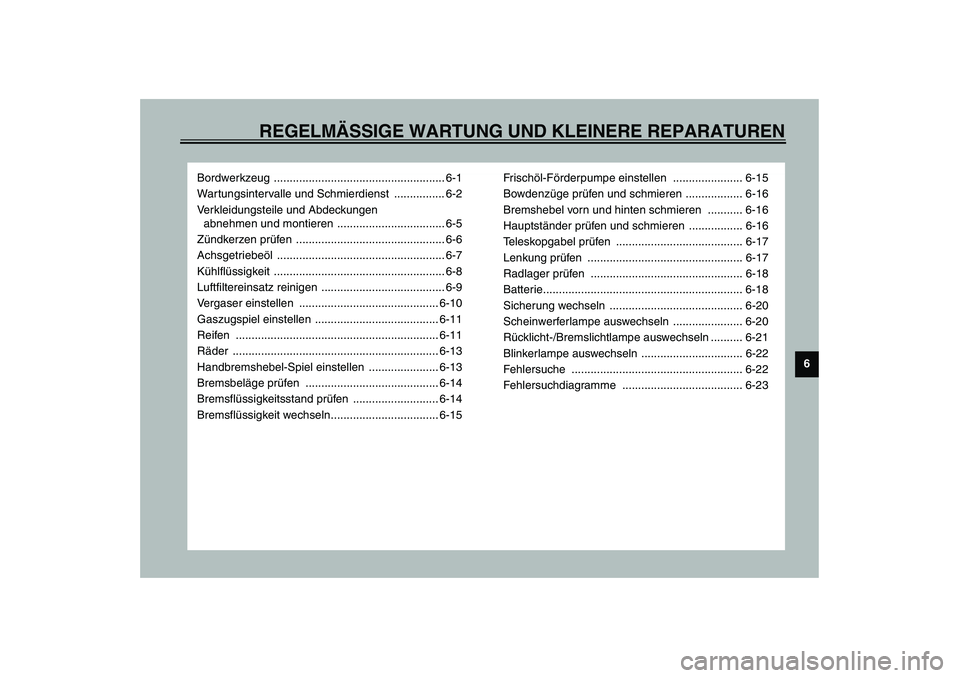 YAMAHA AEROX50 2004  Betriebsanleitungen (in German) REGELMÄSSIGE WARTUNG UND KLEINERE REPARATUREN
6
Bordwerkzeug ...................................................... 6-1
Wartungsintervalle und Schmierdienst  ................ 6-2
Verkleidungsteile un