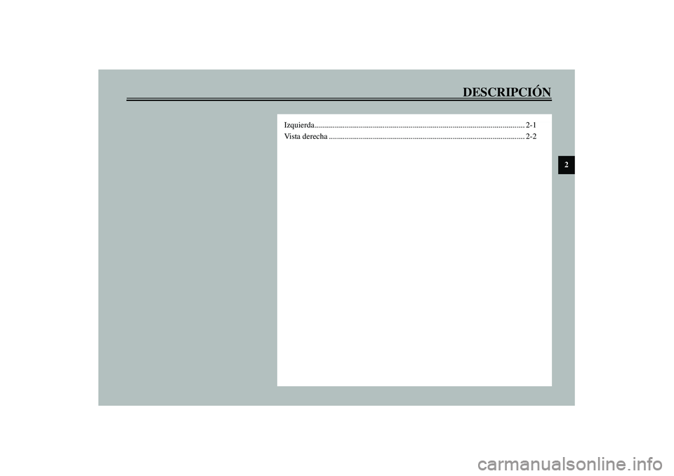 YAMAHA AEROX50 2004  Manuale de Empleo (in Spanish) DESCRIPCIÓN
2
Izquierda ......................................................................................................... 2-1
Vista derecha ...................................................