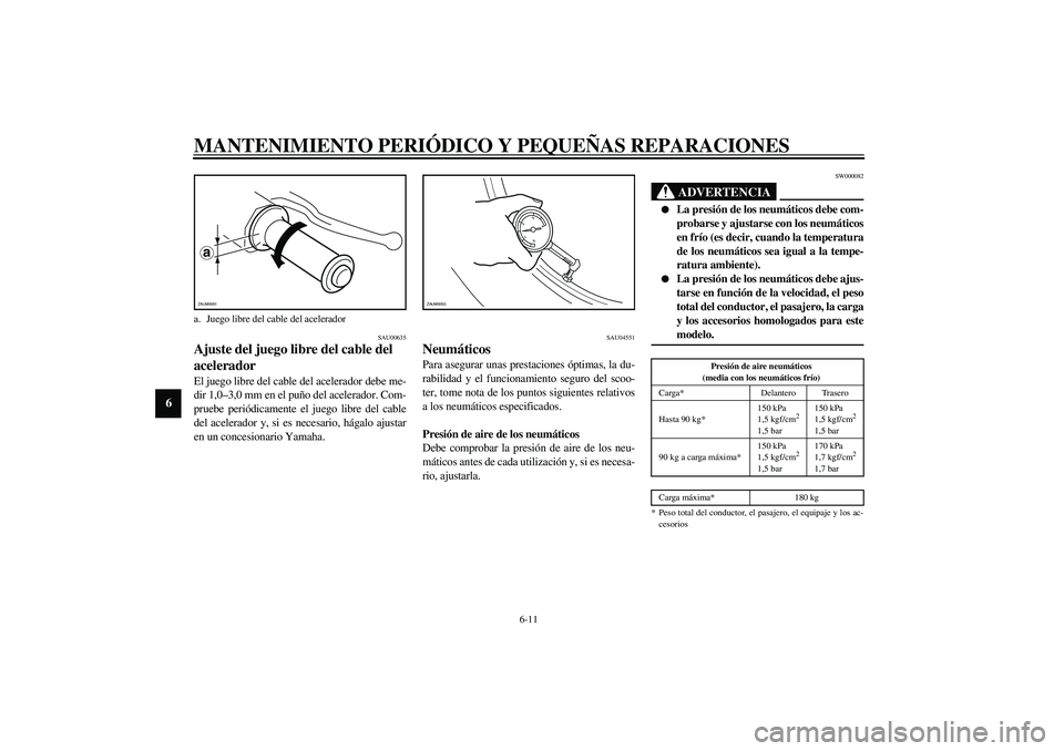 YAMAHA AEROX50 2003  Manuale de Empleo (in Spanish) MANTENIMIENTO PERIÓDICO Y PEQUEÑAS REPARACIONES
6-11
6
SAU00635
Ajuste del juego libre del cable del 
acelerador El juego libre del cable del acelerador debe me-
dir 1,0–3,0 mm en el puño del ace