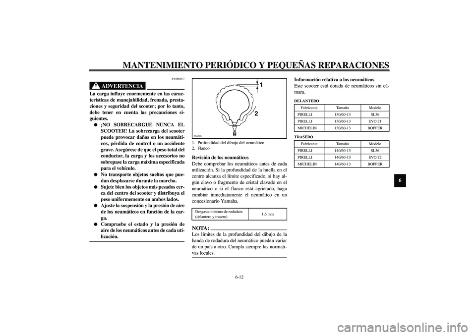 YAMAHA AEROX50 2003  Manuale de Empleo (in Spanish) MANTENIMIENTO PERIÓDICO Y PEQUEÑAS REPARACIONES
6-12
6
SW000077
ADVERTENCIA
_ La carga influye enormemente en las carac-
terísticas de manejabilidad, frenada, presta-
ciones y seguridad del scooter