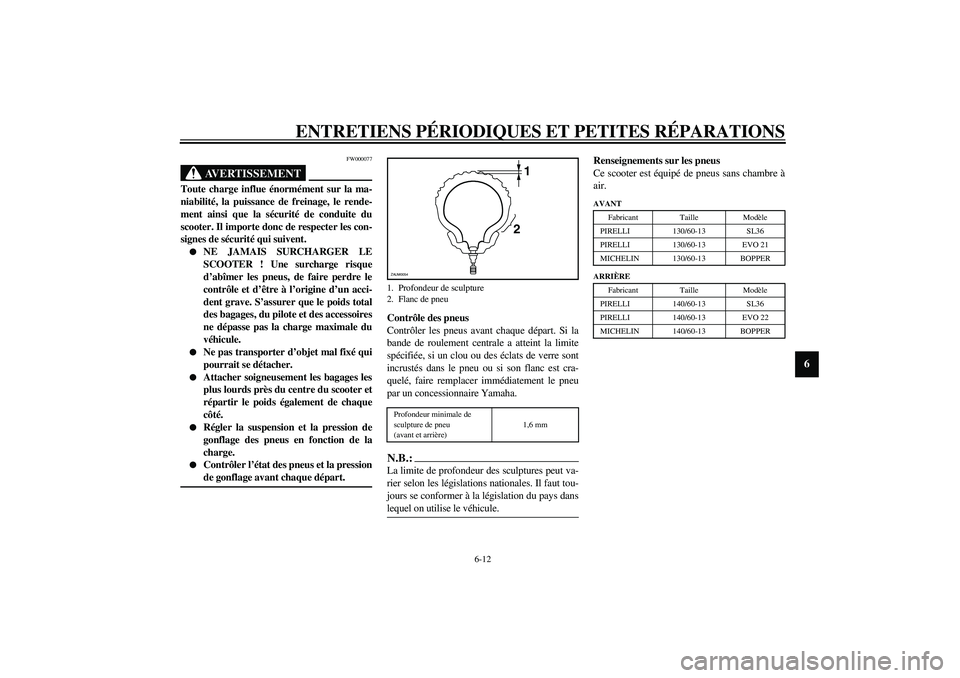 YAMAHA AEROX50 2003  Notices Demploi (in French) ENTRETIENS PÉRIODIQUES ET PETITES RÉPARATIONS
6-12
6
FW000077
AVERTISSEMENT
_ Toute charge influe énormément sur la ma-
niabilité, la puissance de freinage, le rende-
ment ainsi que la sécurité