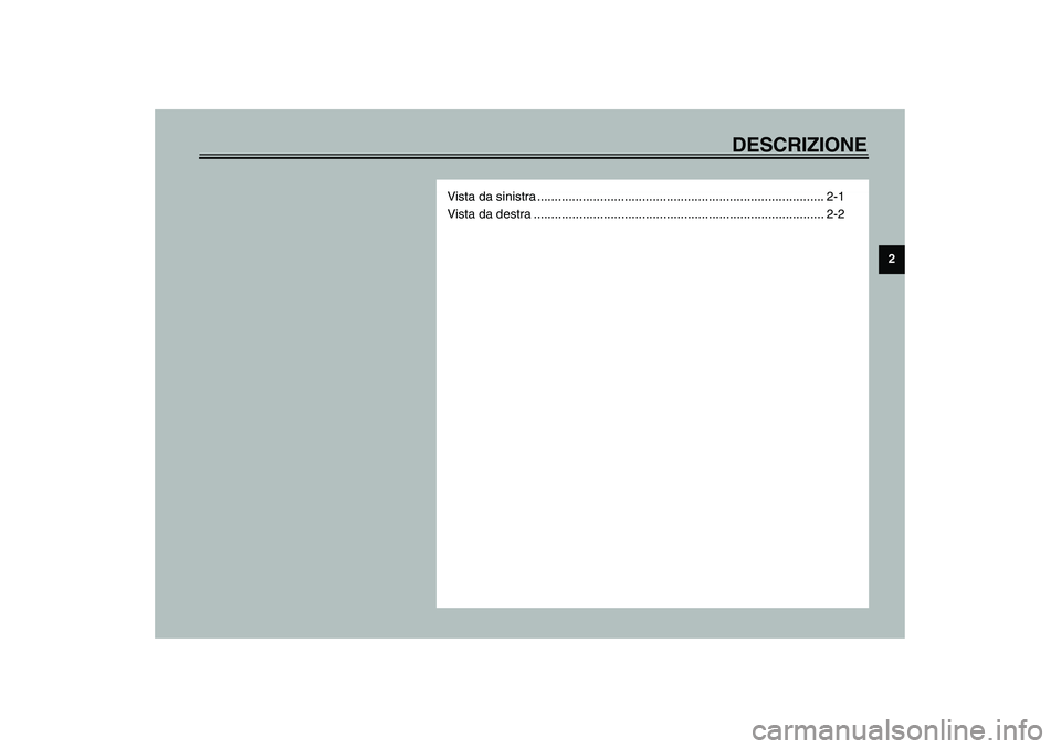 YAMAHA AEROX50 2003  Manuale duso (in Italian) DESCRIZIONE
2
Vista da sinistra .................................................................................. 2-1
Vista da destra .................................................................