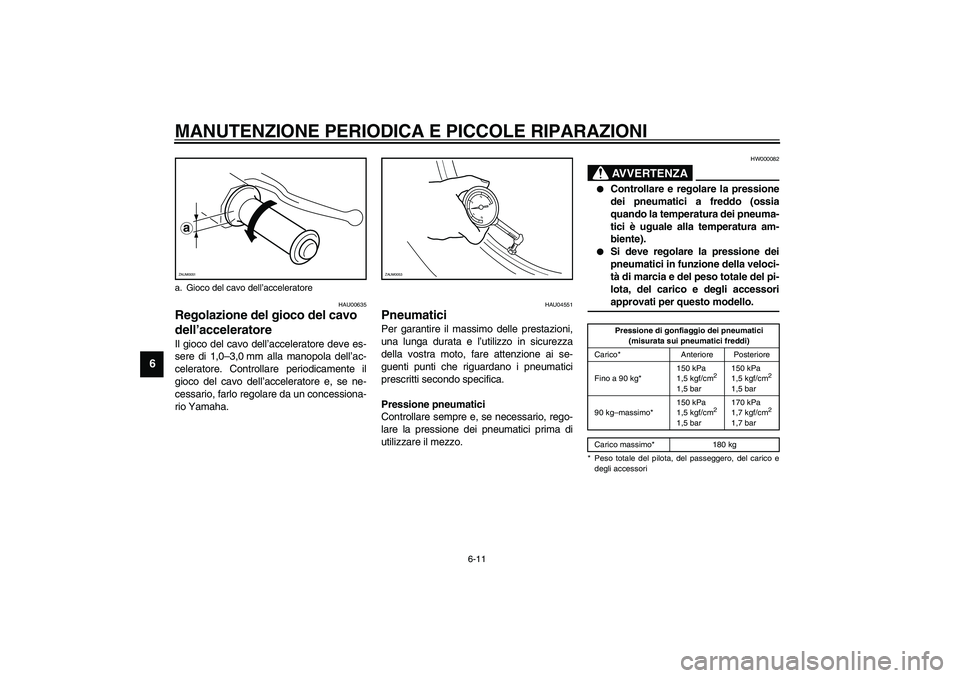 YAMAHA AEROX50 2004  Instructieboekje (in Dutch) MANUTENZIONE PERIODICA E PICCOLE RIPARAZIONI
6-11
6
HAU00635
Regolazione del gioco del cavo 
dell’acceleratore Il gioco del cavo dell’acceleratore deve es-
sere di 1,0–3,0 mm alla manopola dell