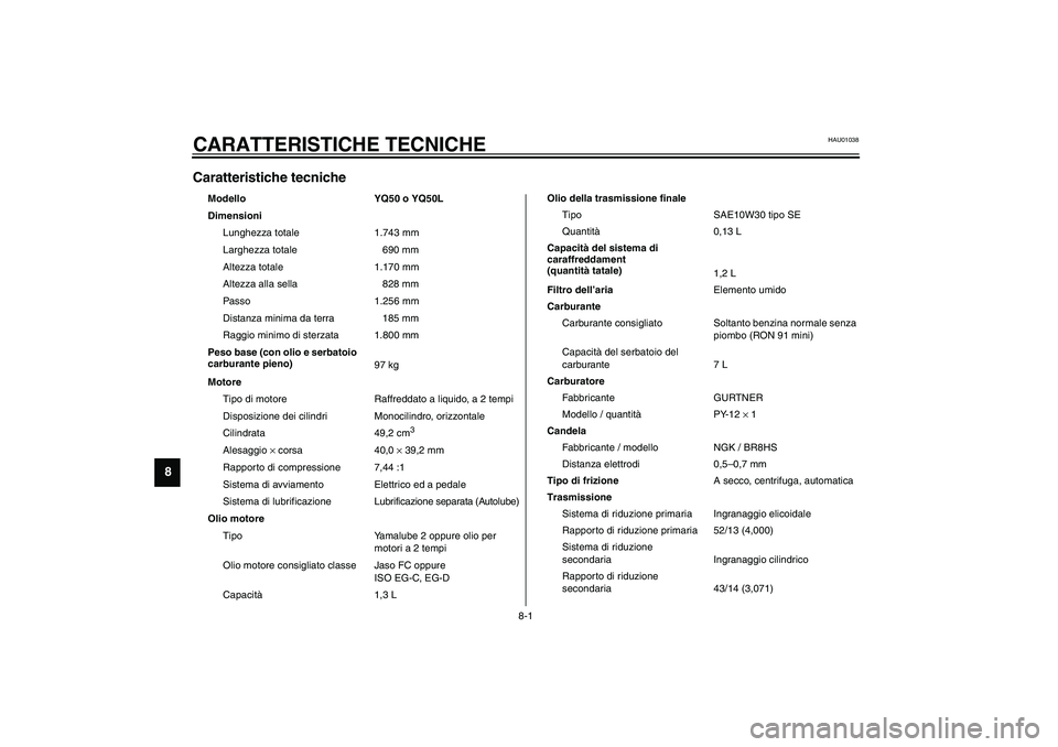 YAMAHA AEROX50 2004 Instructieboekje (in Dutch) 8-1
8
HAU01038
8-CARATTERISTICHE TECNICHECaratteristiche tecniche CS-01I
Modello YQ50 o YQ 50L
Dimensioni
Lunghezza totale 1.743 mm
Larghezza totale 690 mm
Altezza totale 1.170 mm
Altezza alla sella YAMAHA AEROX50 2004 Instructieboekje (in Dutch) 8-1
8
HAU01038
8-CARATTERISTICHE TECNICHECaratteristiche tecniche CS-01I
Modello YQ50 o YQ 50L
Dimensioni
Lunghezza totale 1.743 mm
Larghezza totale 690 mm
Altezza totale 1.170 mm
Altezza alla sella