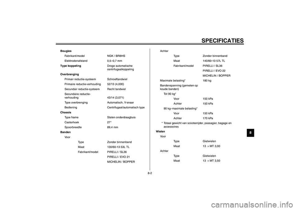 YAMAHA AEROX50 2003  Instructieboekje (in Dutch) SPECIFICATIES
8-2
8
Bougies
Fabrikant/model NGK / BR8HS
Elektrodenafstand 0,5–0,7 mm
Type koppelingDroge automatische 
centrifugaalkoppeling
Overbrenging
Primair reductie-systeem Schroeftandwiel
Pri