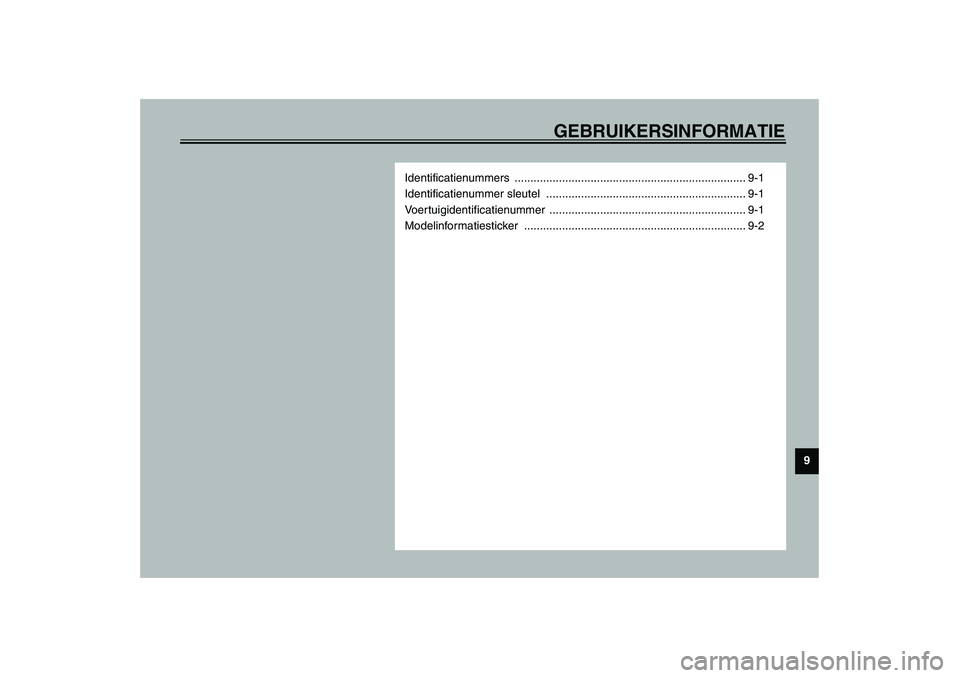 YAMAHA AEROX50 2003  Instructieboekje (in Dutch) GEBRUIKERSINFORMATIE
9
Identificatienummers ......................................................................... 9-1
Identificatienummer sleutel  .................................................