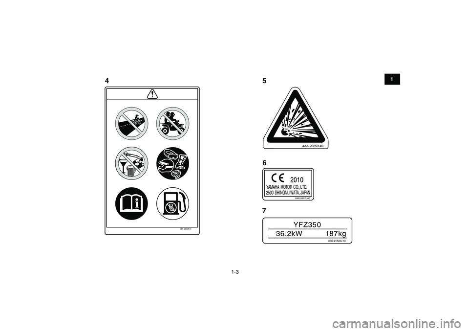 YAMAHA BANSHEE 350 2011  Manuale de Empleo (in Spanish)  
1-3 
1
2
3
4
5
6
7
8
9
10
11
4
4AA-22259-40
43P-2816R-01
5
6
8AC-2817L-00
 YAMAHA   MOTOR  CO., LT D.
 2500  SHINGAI,  IWATA,  JAPAN
2010
7
YFZ350
36.2kW 187kg
3B5-2156A-10 