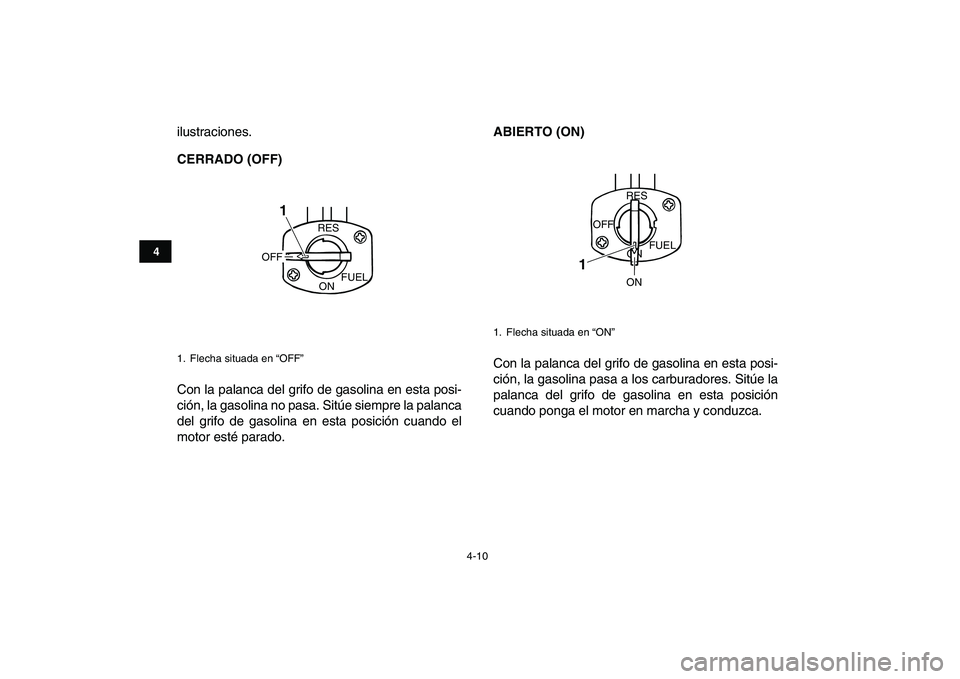 YAMAHA BANSHEE 350 2011  Manuale de Empleo (in Spanish)  
4-10 
1
2
34
5
6
7
8
9
10
11
 
ilustraciones. 
CERRADO (OFF) 
Con la palanca del grifo de gasolina en esta posi-
ción, la gasolina no pasa. Sitúe siempre la palanca
del grifo de gasolina en esta p