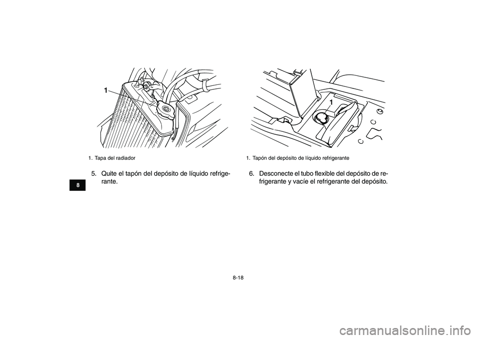 YAMAHA BANSHEE 350 2011  Manuale de Empleo (in Spanish)  
8-18 
1
2
3
4
5
6
78
9
10
11
 
5. Quite el tapón del depósito de líquido refrige-
rante.6. Desconecte el tubo flexible del depósito de re-
frigerante y vacíe el refrigerante del depósito. 
1. 