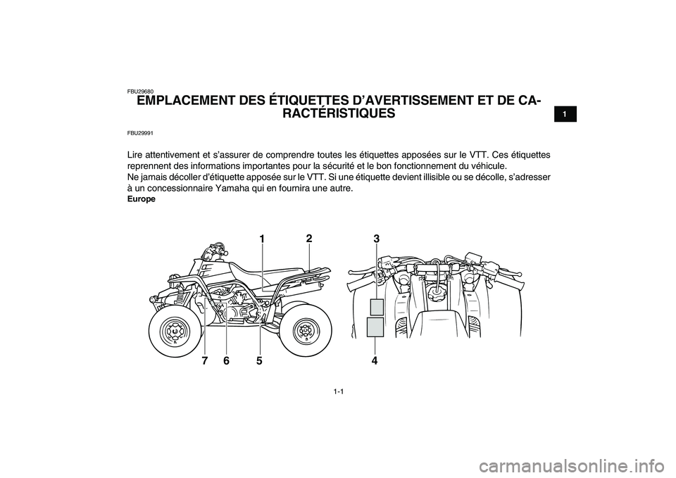 YAMAHA BANSHEE 350 2011 Notices Demploi (in French)
1-1
1
2
3
4
5
6
7
8
9
10
11
FBU29680
EMPLACEMENT DES ÉTIQUETTES D’AVERTISSEMENT ET DE CA-
RACTÉRISTIQUES
FBU29991
Lire attentivement et s’assurer de comprendre toutes les étiquettes ap YAMAHA BANSHEE 350 2011 Notices Demploi (in French)
1-1
1
2
3
4
5
6
7
8
9
10
11
FBU29680
EMPLACEMENT DES ÉTIQUETTES D’AVERTISSEMENT ET DE CA-
RACTÉRISTIQUES
FBU29991
Lire attentivement et s’assurer de comprendre toutes les étiquettes ap