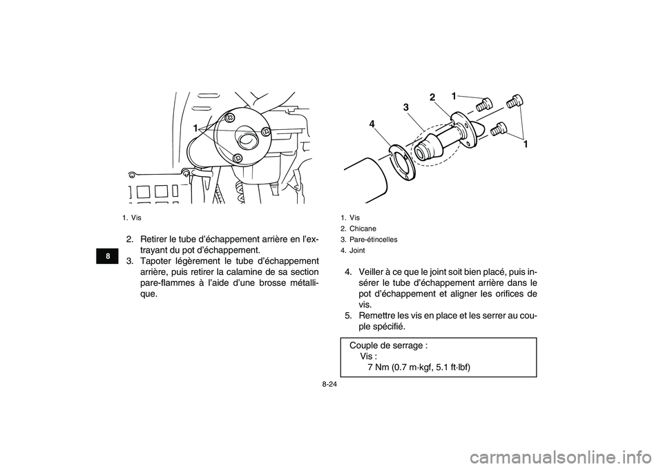 YAMAHA BANSHEE 350 2011 Notices Demploi (in French)
8-24
1
2
3
4
5
6
78
9
10
11
2. Retirer le tube d’échappement arrière en l’ex-
trayant du pot d’échappement.
3. Tapoter légèrement le tube d’échappement
arrière, puis retirer la cal YAMAHA BANSHEE 350 2011 Notices Demploi (in French)
8-24
1
2
3
4
5
6
78
9
10
11
2. Retirer le tube d’échappement arrière en l’ex-
trayant du pot d’échappement.
3. Tapoter légèrement le tube d’échappement
arrière, puis retirer la cal