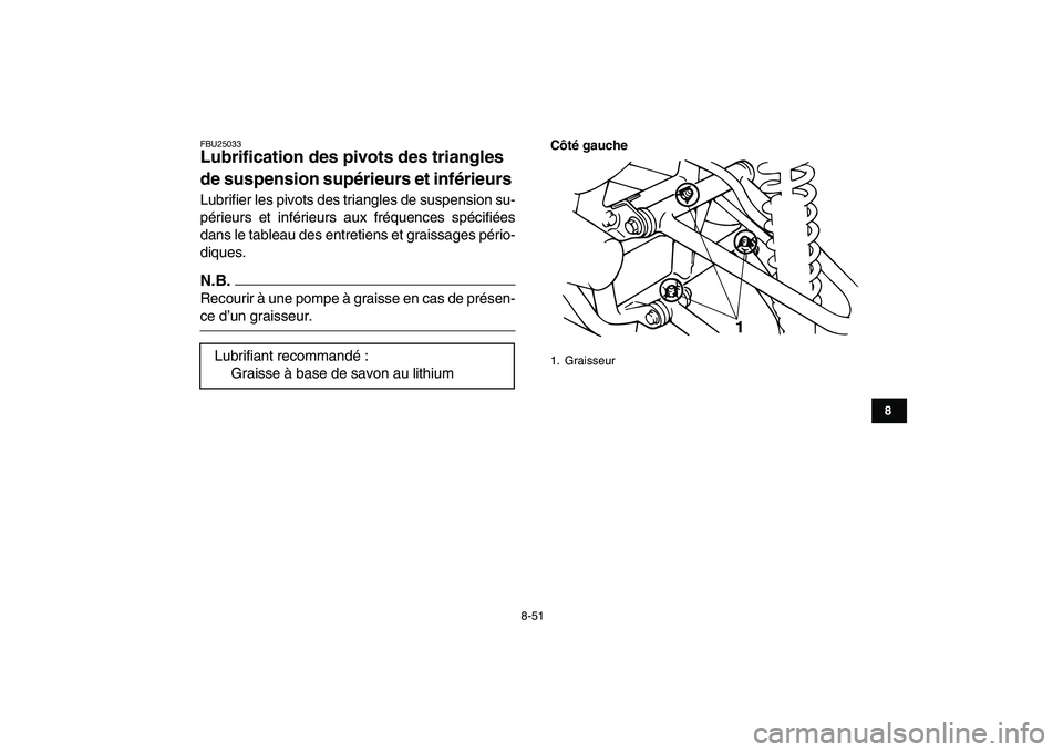 YAMAHA BANSHEE 350 2011 Notices Demploi (in French)
8-51
1
2
3
4
5
6
78
9
10
11
FBU25033
Lubrification des pivots des triangles
de suspension supérieurs et inférieurs
Lubrifier les pivots des triangles de suspension su-
périeurs et inférie YAMAHA BANSHEE 350 2011 Notices Demploi (in French)
8-51
1
2
3
4
5
6
78
9
10
11
FBU25033
Lubrification des pivots des triangles
de suspension supérieurs et inférieurs
Lubrifier les pivots des triangles de suspension su-
périeurs et inférie