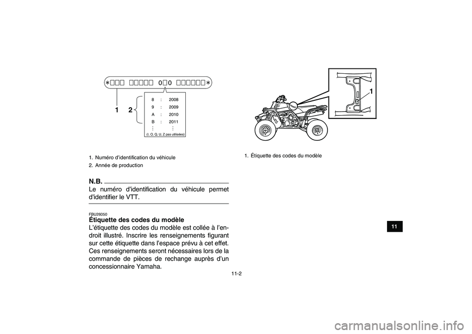 YAMAHA BANSHEE 350 2011  Notices Demploi (in French)  
11-2 
1
2
3
4
5
6
7
8
9
1011
N.B.
 
Le numéro d’identification du véhicule permet 
d’identifier le VTT. 
FBU26050 
Étiquette des codes du modèle  
L’étiquette des codes du modèle est col