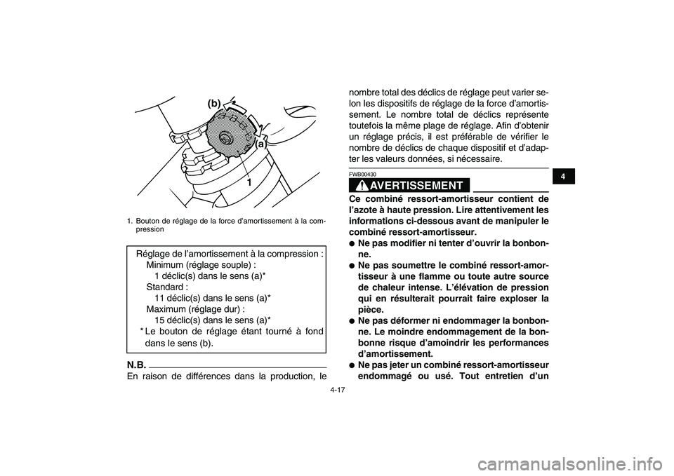YAMAHA BANSHEE 350 2011  Notices Demploi (in French)  
4-17 
1
2
34
5
6
7
8
9
10
11
N.B.
 
En raison de différences dans la production, lenombre total des déclics de réglage peut varier se-
lon les dispositifs de réglage de la force d’amortis-
sem