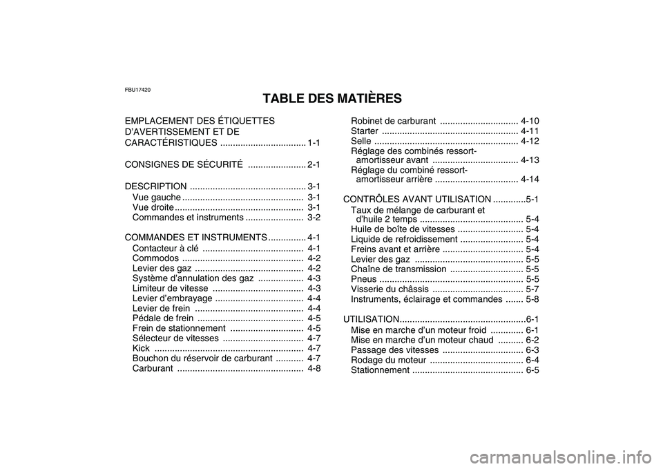 YAMAHA BANSHEE 350 2011  Notices Demploi (in French)  
FBU17420 
TABLE DES MATIÈRES 
EMPLACEMENT DES ÉTIQUETTES 
D’AVERTISSEMENT ET DE 
CARACTÉRISTIQUES .................................. 1-1
CONSIGNES DE SÉCURITÉ  ....................... 2-1
DES