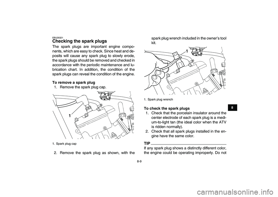 YAMAHA BANSHEE 350 2010 Manual Online  
8-9 
1
2
3
4
5
6
78
9
10
11
 
EBU28321 
Checking the spark plugs  
The spark plugs are important engine compo-
nents, which are easy to check. Since heat and de-
posits will cause any spark plug to 