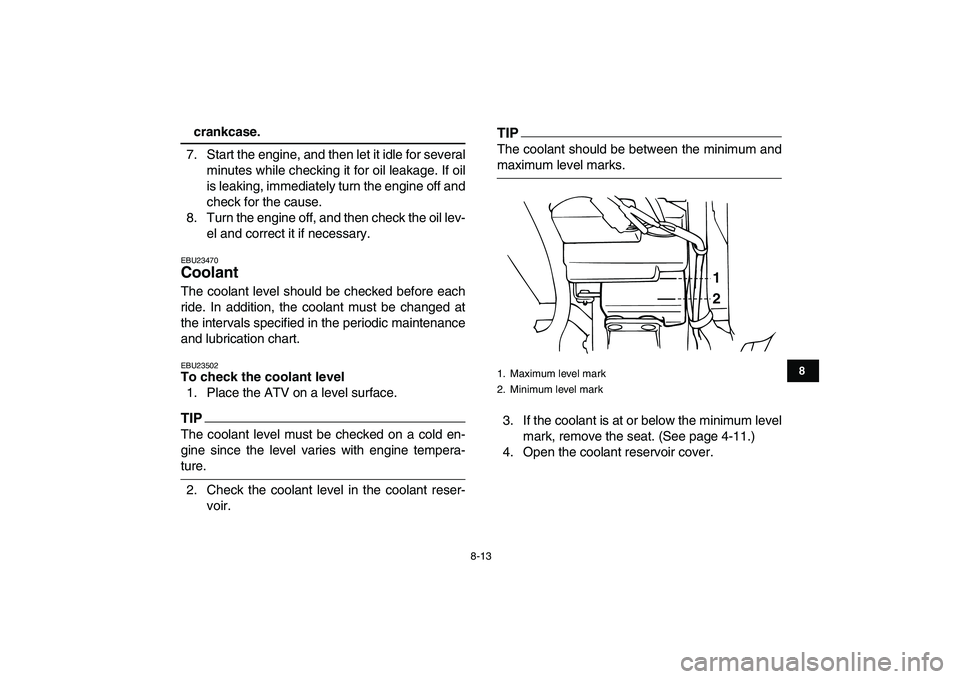 YAMAHA BANSHEE 350 2010 Owners Manual
8-13
1
2
3
4
5
6
78
9
10
11
crankcase.
7. Start the engine, and then let it idle for several
minutes while checking it for oil leakage. If oil
is leaking, immediately turn the engine off and
che YAMAHA BANSHEE 350 2010 Owners Manual
8-13
1
2
3
4
5
6
78
9
10
11
crankcase.
7. Start the engine, and then let it idle for several
minutes while checking it for oil leakage. If oil
is leaking, immediately turn the engine off and
che