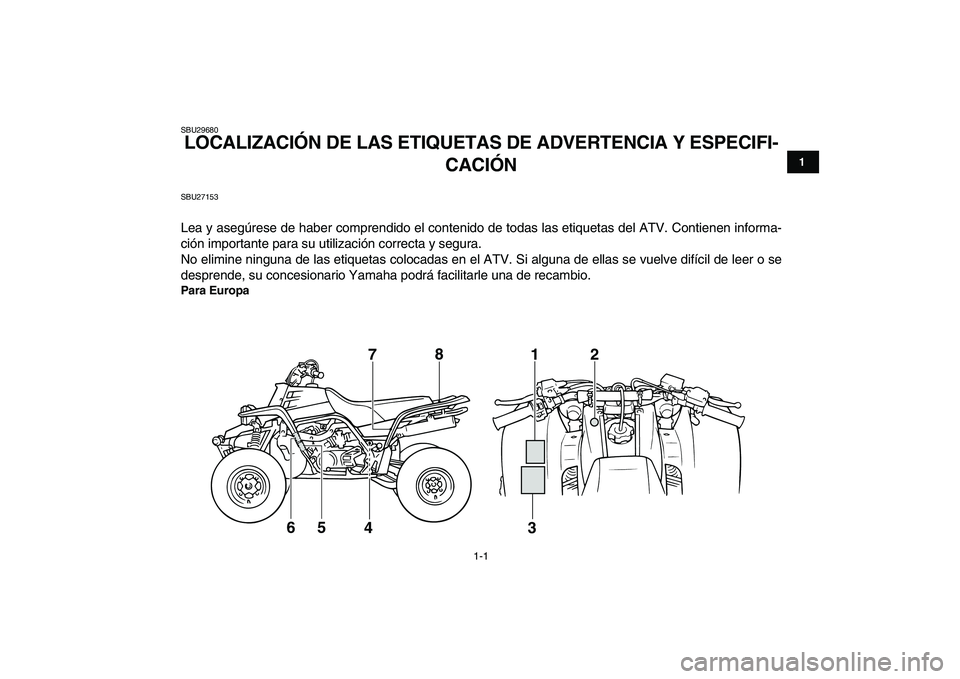 YAMAHA BANSHEE 350 2010  Manuale de Empleo (in Spanish)  
1-1 
1
2
3
4
5
6
7
8
9
10
11
 
SBU29680 
LOCALIZACIÓN DE LAS ETIQUETAS DE ADVERTENCIA Y ESPECIFI-
CACIÓN  
SBU27153 
Lea y asegúrese de haber comprendido el contenido de todas las etiquetas del A