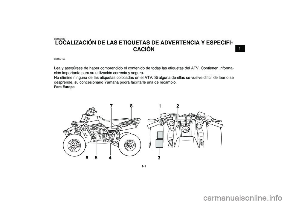 YAMAHA BANSHEE 350 2010  Manuale de Empleo (in Spanish)  
1-1 
1
2
3
4
5
6
7
8
9
10
11
 
SBU29680 
LOCALIZACIÓN DE LAS ETIQUETAS DE ADVERTENCIA Y ESPECIFI-
CACIÓN  
SBU27153 
Lea y asegúrese de haber comprendido el contenido de todas las etiquetas del A