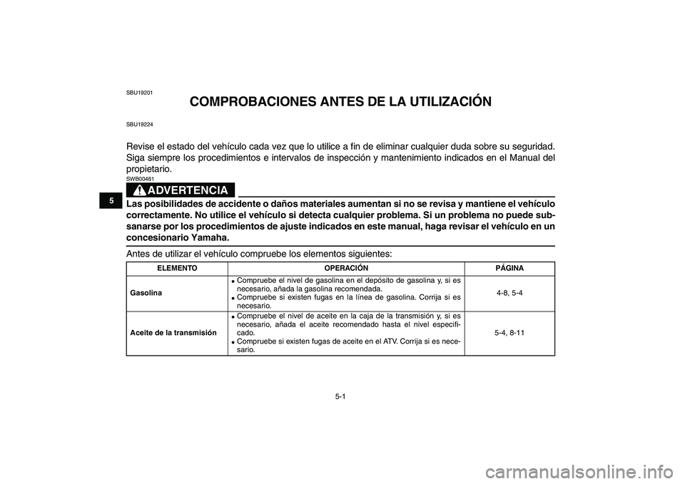 YAMAHA BANSHEE 350 2010  Manuale de Empleo (in Spanish)  
5-1 
1
2
3
45
6
7
8
9
10
11
 
SBU19201 
COMPROBACIONES ANTES DE LA UTILIZACIÓN 
SBU19224 
Revise el estado del vehículo cada vez que lo utilice a fin de eliminar cualquier duda sobre su seguridad.