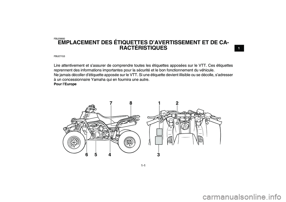 YAMAHA BANSHEE 350 2010  Notices Demploi (in French)  
1-1 
1
2
3
4
5
6
7
8
9
10
11
 
FBU29680 
EMPLACEMENT DES ÉTIQUETTES D’AVERTISSEMENT ET DE CA-
RACTÉRISTIQUES  
FBU27153 
Lire attentivement et s’assurer de comprendre toutes les étiquettes ap