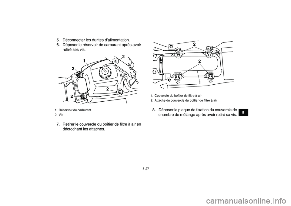 YAMAHA BANSHEE 350 2010  Notices Demploi (in French)  
8-27 
1
2
3
4
5
6
78
9
10
11
 
5. Déconnecter les durites d’alimentation.
6. Déposer le réservoir de carburant après avoir
retiré ses vis.
7. Retirer le couvercle du boîtier de filtre à air