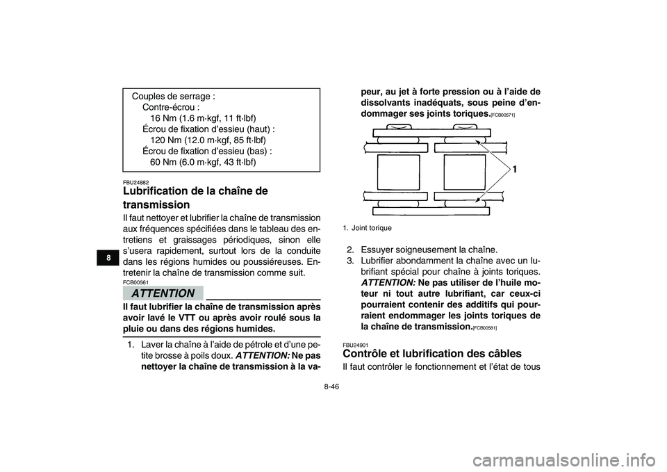 YAMAHA BANSHEE 350 2010 Notices Demploi (in French)
8-46
1
2
3
4
5
6
78
9
10
11
FBU24882
Lubrification de la chaîne de
transmission
Il faut nettoyer et lubrifier la chaîne de transmission
aux fréquences spécifiées dans le tableau des en-
YAMAHA BANSHEE 350 2010 Notices Demploi (in French)
8-46
1
2
3
4
5
6
78
9
10
11
FBU24882
Lubrification de la chaîne de
transmission
Il faut nettoyer et lubrifier la chaîne de transmission
aux fréquences spécifiées dans le tableau des en-