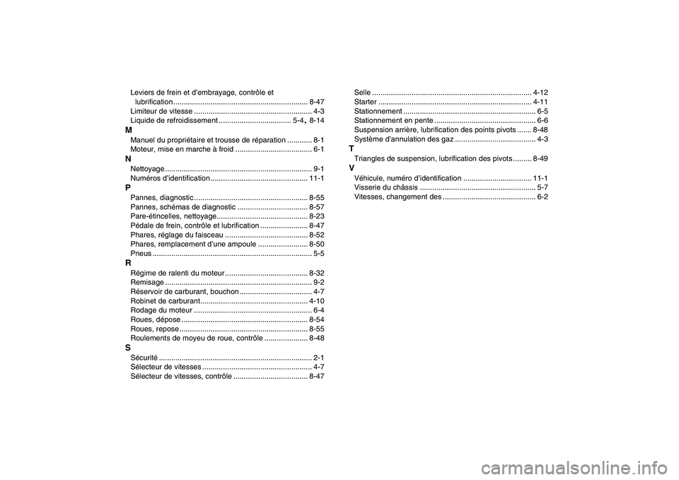 YAMAHA BANSHEE 350 2010  Notices Demploi (in French)  
Leviers de frein et d’embrayage, contrôle et 
lubrification ................................................................. 8-47
Limiteur de vitesse ............................................