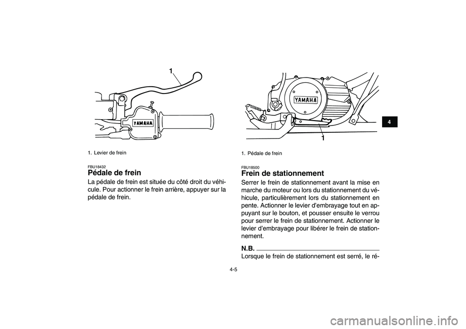YAMAHA BANSHEE 350 2010 Notices Demploi (in French)
4-5
1
2
34
5
6
7
8
9
10
11
FBU18432
Pédale de frein
La pédale de frein est située du côté droit du véhi-
cule. Pour actionner le frein arrière, appuyer sur la
pédale de frein.
FBU1850 YAMAHA BANSHEE 350 2010 Notices Demploi (in French)
4-5
1
2
34
5
6
7
8
9
10
11
FBU18432
Pédale de frein
La pédale de frein est située du côté droit du véhi-
cule. Pour actionner le frein arrière, appuyer sur la
pédale de frein.
FBU1850