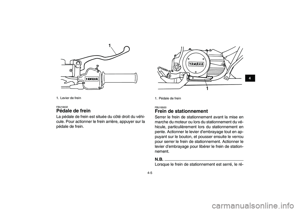 YAMAHA BANSHEE 350 2010  Notices Demploi (in French)  
4-5 
1
2
34
5
6
7
8
9
10
11
 
FBU18432 
Pédale de frein  
La pédale de frein est située du côté droit du véhi-
cule. Pour actionner le frein arrière, appuyer sur la
pédale de frein. 
FBU1850