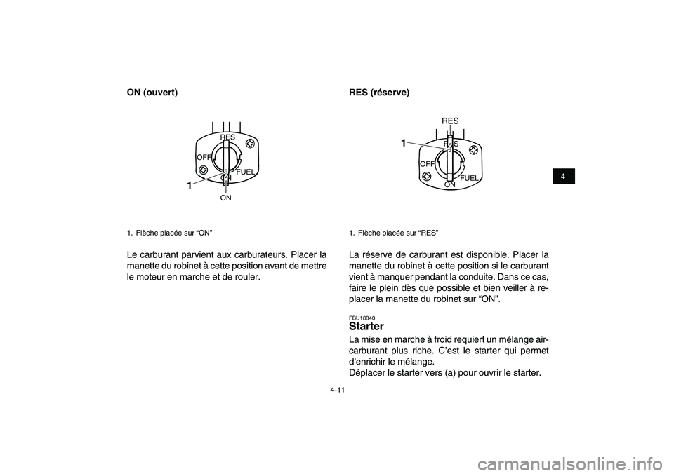 YAMAHA BANSHEE 350 2010  Notices Demploi (in French)  
4-11 
1
2
34
5
6
7
8
9
10
11
 
ON (ouvert) 
Le carburant parvient aux carburateurs. Placer la
manette du robinet à cette position avant de mettre
le moteur en marche et de rouler. 
RES (réserve)  