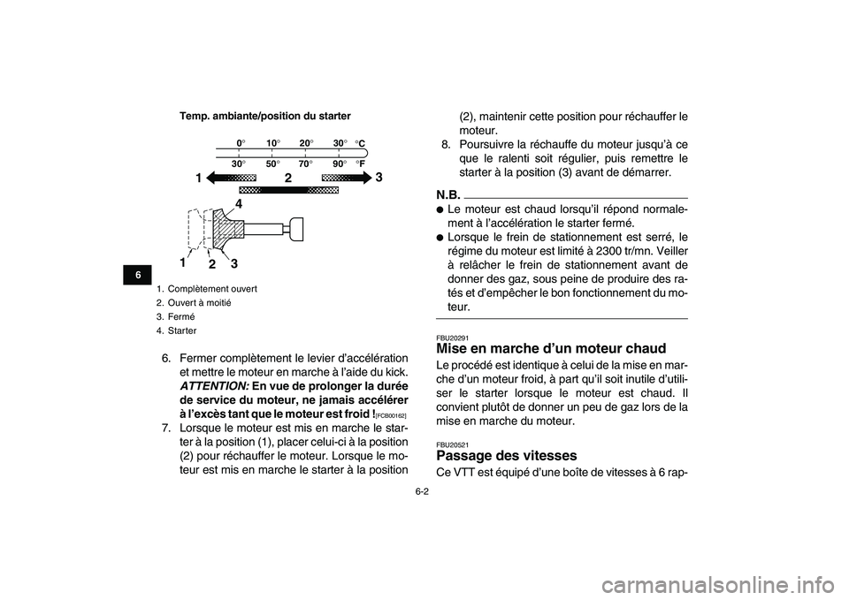 YAMAHA BANSHEE 350 2010 Notices Demploi (in French)
6-2
1
2
3
4
56
7
8
9
10
11
Temp. ambiante/position du starter
6. Fermer complètement le levier d’accélération
et mettre le moteur en marche à l’aide du kick.
ATTENTION:
En vue de prolo YAMAHA BANSHEE 350 2010 Notices Demploi (in French)
6-2
1
2
3
4
56
7
8
9
10
11
Temp. ambiante/position du starter
6. Fermer complètement le levier d’accélération
et mettre le moteur en marche à l’aide du kick.
ATTENTION:
En vue de prolo