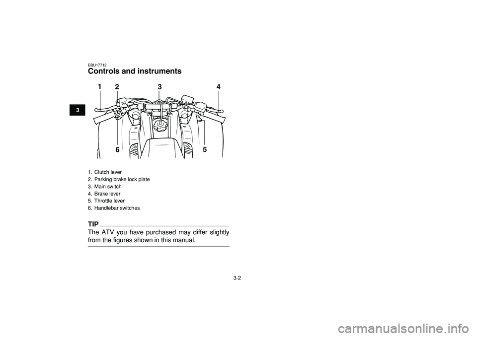 YAMAHA BANSHEE 350 2009 Owners Manual  
3-2 
1
23
4
5
6
7
8
9
10
11
 
EBU17712 
Controls and instruments
TIP
 
The ATV you have purchased may differ slightly 
from the figures shown in this manual. 
1. Clutch lever
2.  Parking brake lock 