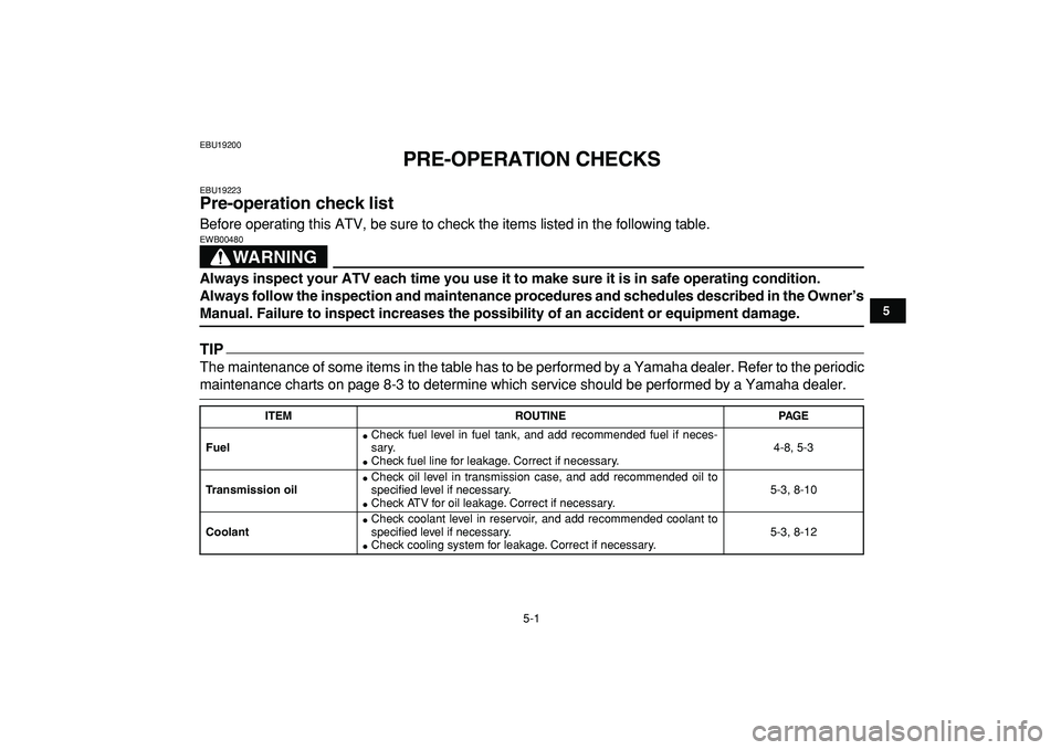 YAMAHA BANSHEE 350 2009 Owners Guide  
5-1 
1
2
3
45
6
7
8
9
10
11
 
EBU19200 
PRE-OPERATION CHECKS 
EBU19223 
Pre-operation check list  
Before operating this ATV, be sure to check the items listed in the following table.
WARNING
 
EWB0