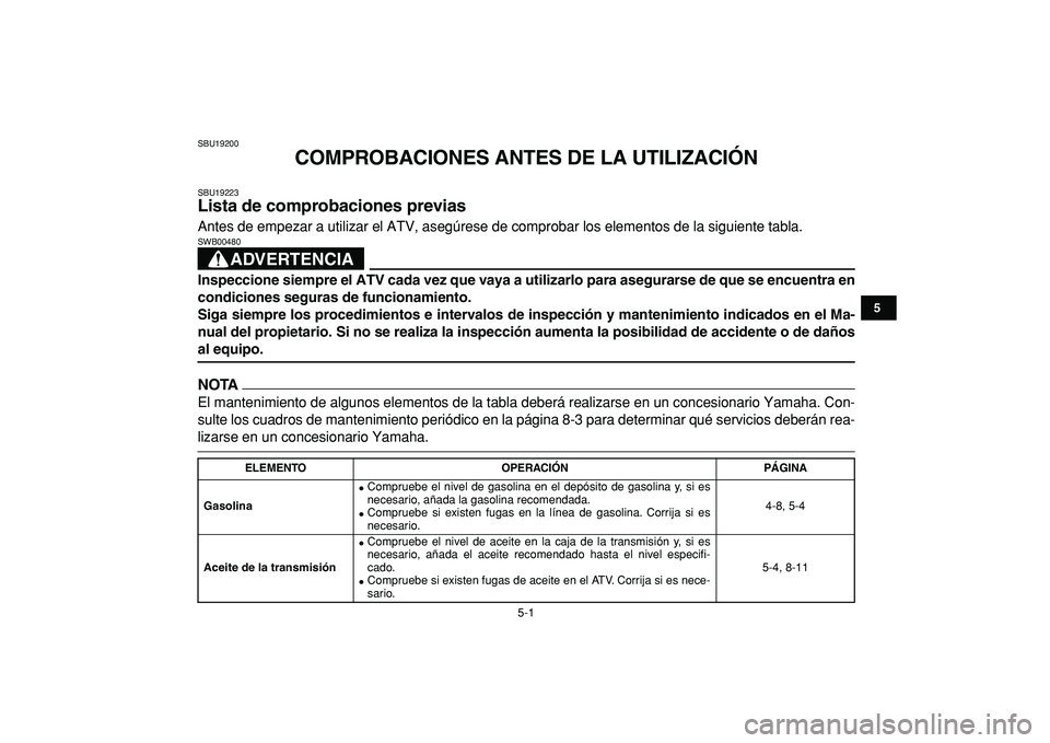 YAMAHA BANSHEE 350 2009  Manuale de Empleo (in Spanish)  
5-1 
1
2
3
45
6
7
8
9
10
11
 
SBU19200 
COMPROBACIONES ANTES DE LA UTILIZACIÓN 
SBU19223 
Lista de comprobaciones previas  
Antes de empezar a utilizar el ATV, asegúrese de comprobar los elementos