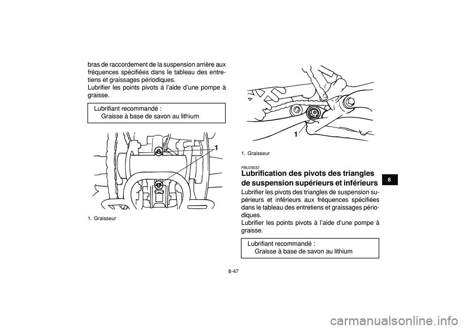 YAMAHA BANSHEE 350 2009  Notices Demploi (in French)  
8-47 
1
2
3
4
5
6
78
9
10
11
 
bras de raccordement de la suspension arrière aux
fréquences spécifiées dans le tableau des entre-
tiens et graissages périodiques.
Lubrifier les points pivots à