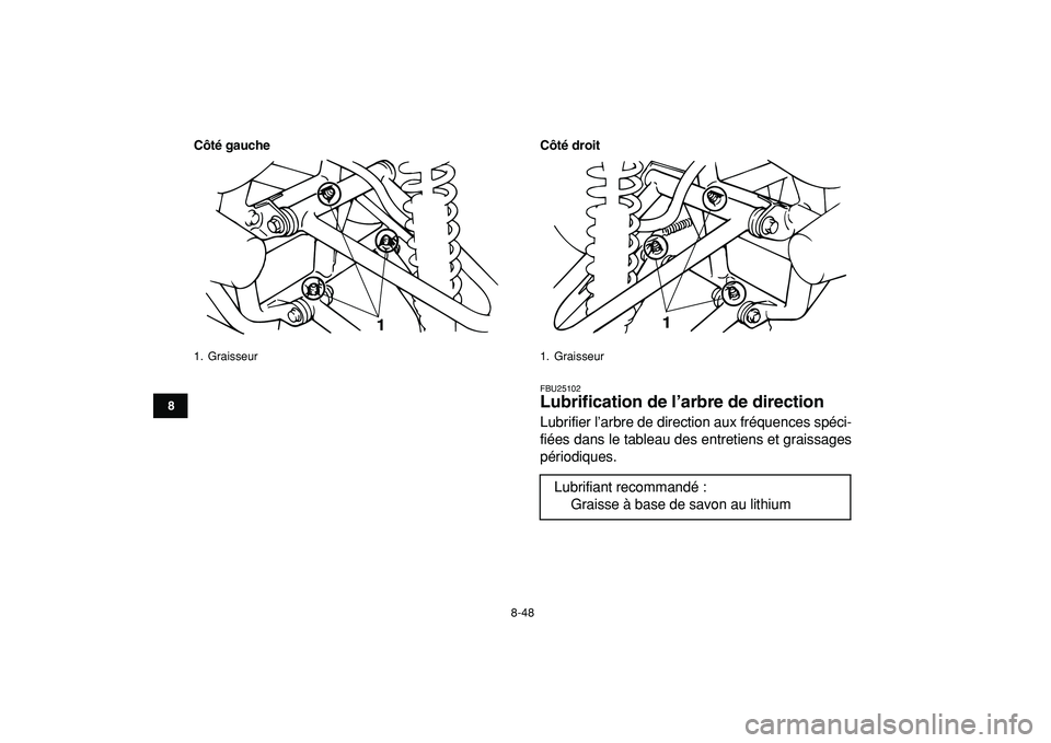 YAMAHA BANSHEE 350 2009  Notices Demploi (in French)  
8-48 
1
2
3
4
5
6
78
9
10
11
Côté gauche Côté droit
 
FBU25102 
Lubrification de l’arbre de direction  
Lubrifier l’arbre de direction aux fréquences spéci-
fiées dans le tableau des entr