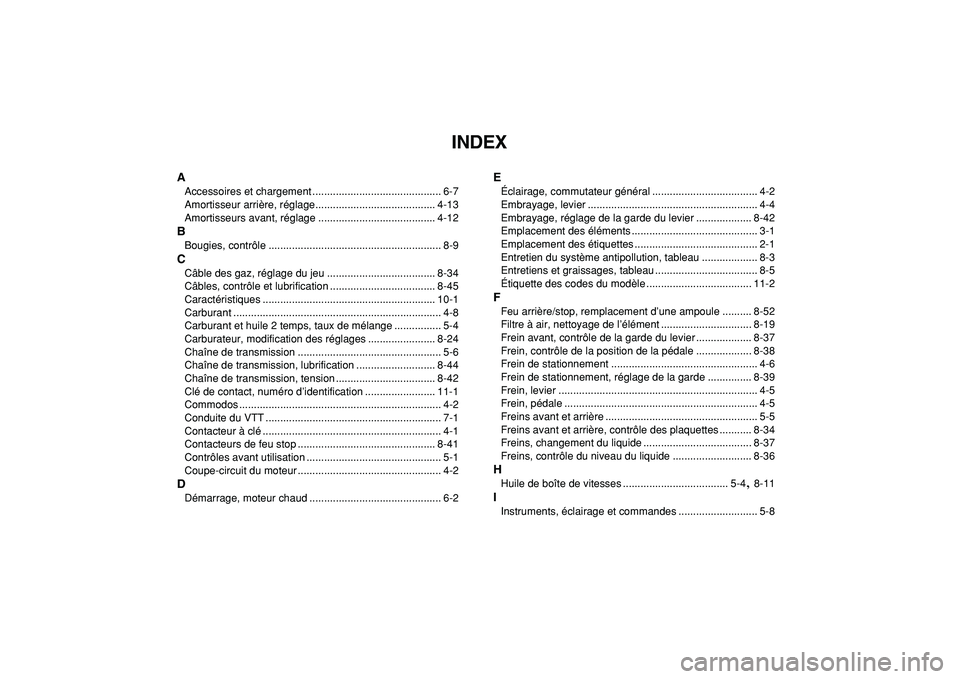 YAMAHA BANSHEE 350 2009  Notices Demploi (in French)  
INDEX 
A 
Accessoires et chargement ............................................ 6-7
Amortisseur arrière, réglage......................................... 4-13
Amortisseurs avant, réglage .......