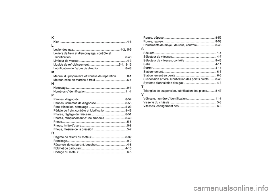 YAMAHA BANSHEE 350 2009  Notices Demploi (in French)  
K 
Kick .................................................................................4-8 
L 
Levier des gaz.........................................................4-2 
,  
5-5
Leviers de frein 
