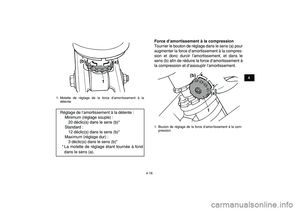 YAMAHA BANSHEE 350 2009  Notices Demploi (in French)  
4-16 
1
2
34
5
6
7
8
9
10
11
 
Force d’amortissement à la compression  
Tourner le bouton de réglage dans le sens (a) pour
augmenter la force d’amortissement à la compres-
sion et donc durcir