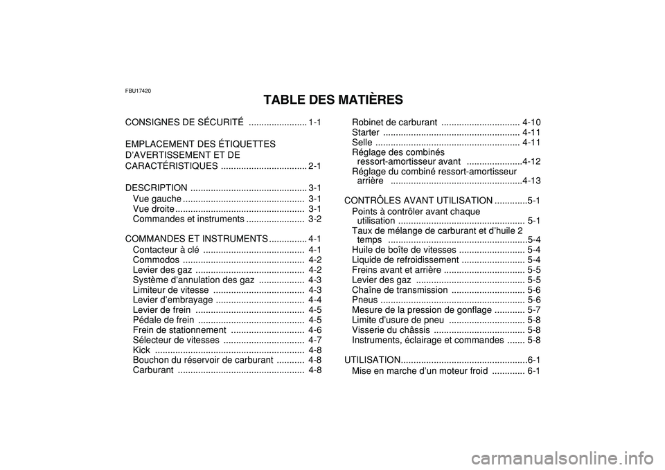 YAMAHA BANSHEE 350 2009  Notices Demploi (in French)  
FBU17420 
TABLE DES MATIÈRES 
CONSIGNES DE SÉCURITÉ  ....................... 1-1
EMPLACEMENT DES ÉTIQUETTES 
D’AVERTISSEMENT ET DE 
CARACTÉRISTIQUES .................................. 2-1
DES