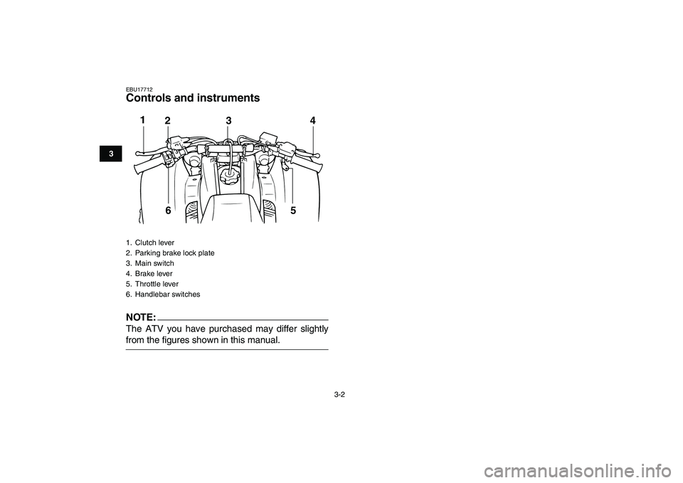 YAMAHA BANSHEE 350 2008 Owners Manual  
3-2 
1
23
4
5
6
7
8
9
10
11
 
EBU17712 
Controls and instruments
NOTE:
 
The ATV you have purchased may differ slightly 
from the figures shown in this manual. 
1. Clutch lever
2.  Parking brake loc