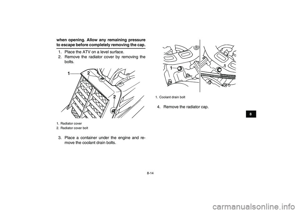 YAMAHA BANSHEE 350 2008  Owners Manual  
8-14 
1
2
3
4
5
6
78
9
10
11
 
when opening. Allow any remaining pressure 
to escape before completely removing the cap. 
1. Place the ATV on a level surface.
2. Remove the radiator cover by removin