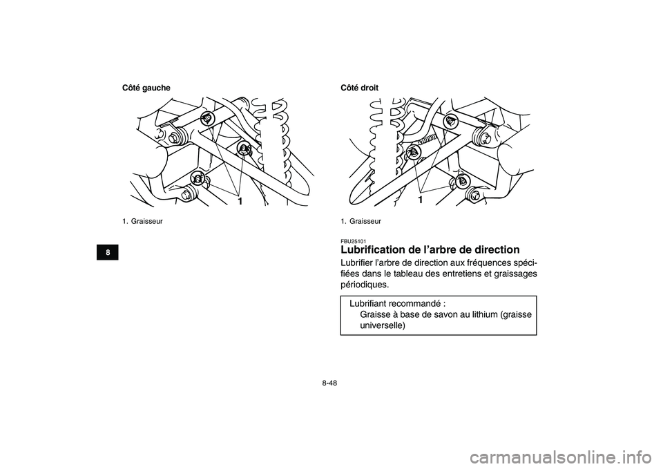 YAMAHA BANSHEE 350 2008 Notices Demploi (in French)
8-48
1
2
3
4
5
6
78
9
10
11
Côté gauche Côté droit
FBU25101
Lubrification de l’arbre de direction
Lubrifier l’arbre de direction aux fréquences spéci-
fiées dans le tableau des entr YAMAHA BANSHEE 350 2008 Notices Demploi (in French)
8-48
1
2
3
4
5
6
78
9
10
11
Côté gauche Côté droit
FBU25101
Lubrification de l’arbre de direction
Lubrifier l’arbre de direction aux fréquences spéci-
fiées dans le tableau des entr