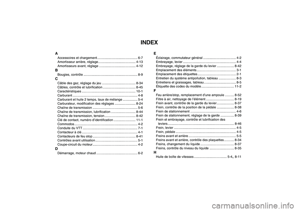 YAMAHA BANSHEE 350 2008  Notices Demploi (in French)  
INDEX 
A 
Accessoires et chargement ............................................ 6-7
Amortisseur arrière, réglage......................................... 4-13
Amortisseurs avant, réglage .......