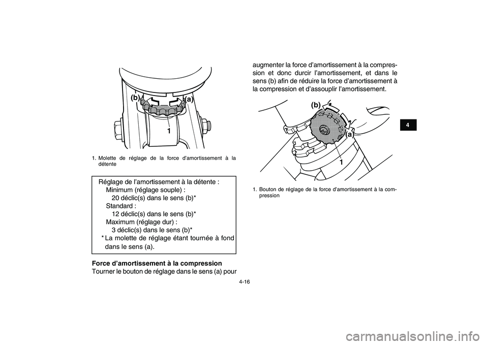 YAMAHA BANSHEE 350 2008  Notices Demploi (in French)  
4-16 
1
2
34
5
6
7
8
9
10
11
 
Force d’amortissement à la compression 
Tourner le bouton de réglage dans le sens (a) pouraugmenter la force d’amortissement à la compres-
sion et donc durcir l