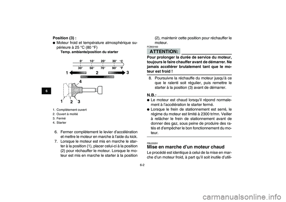 YAMAHA BANSHEE 350 2008  Notices Demploi (in French)  
6-2 
1
2
3
4
56
7
8
9
10
11
 
Position (3) : 
 
Moteur froid et température atmosphérique su-
périeure à 25 °C (80 °F) 
Temp. ambiante/position du starter 
6. Fermer complètement le levier d