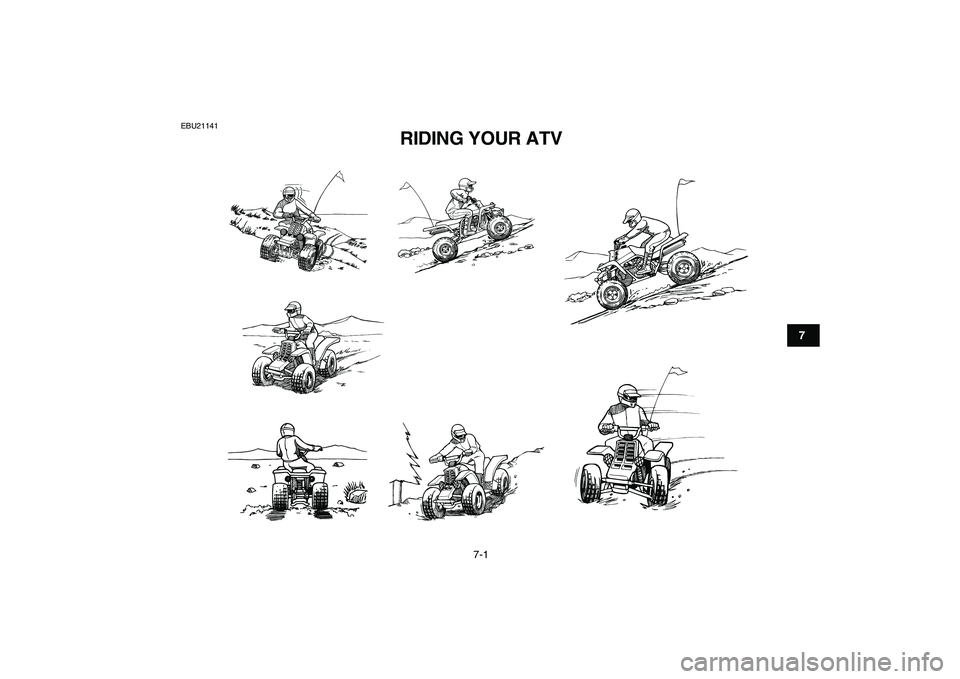 YAMAHA BANSHEE 350 2007 Workshop Manual  
7-1 
1
2
3
4
5
67
8
9
10
11
 
EBU21141 
RIDING YOUR ATV  