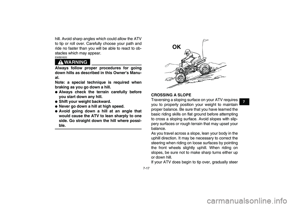 YAMAHA BANSHEE 350 2007 Manual PDF  
7-17 
1
2
3
4
5
67
8
9
10
11
 
hill. Avoid sharp angles which could allow the ATV
to tip or roll over. Carefully choose your path and
ride no faster than you will be able to react to ob-
stacles whi